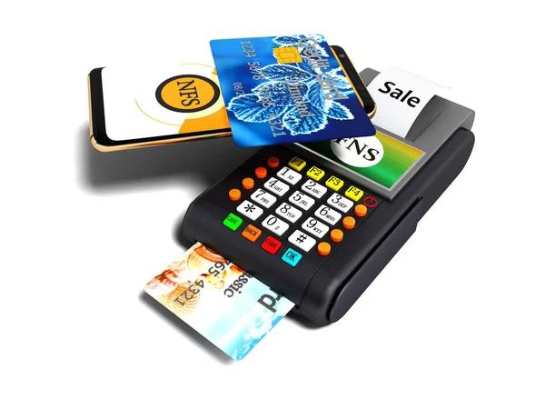 通过电话与信用卡在支付卡 Pos 终端上的 Nfs 与信用卡顶部视图3D 渲染白色背景与阴影 — 图库照片