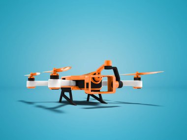 Modern turuncu quadrocopter dron görünümü perspektif 3d render gölge ile mavi arka plan üzerinde