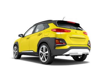 Modern sarı araba crossover için şehir turları 3d render gölge beyaz zemin üzerine