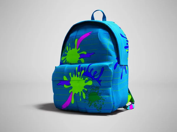 Blaue Schultasche Rucksack Mit Flecken Rechte Ansicht Render Auf Grauem — Stockfoto