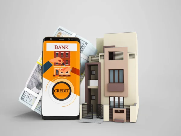 ドルが家庭でのクレジットの近代的な概念正面シャドウと灰色の背景に レンダリング — ストック写真