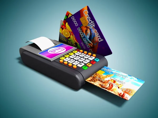 Modern Nfs payment on payment card POS-terminal with credit card inside and outside the left view 3d render on blue background with shadow