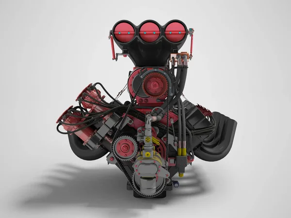 Piros Motor Kompresszor Elülső Kilátás Render Szürke Háttér Árnyék — Stock Fotó