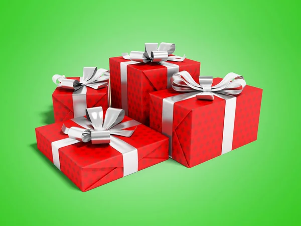 Red four gift tied with silver ribbon 3D render on green background with shadow