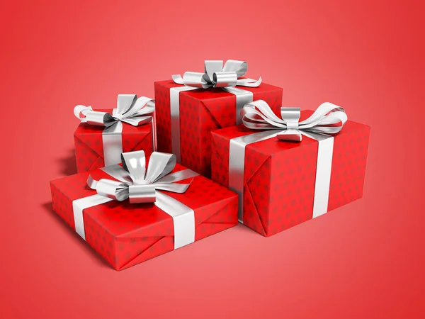 Rote Vier Geschenk Gebunden Mit Silbernem Band Render Auf Rotem — Stockfoto