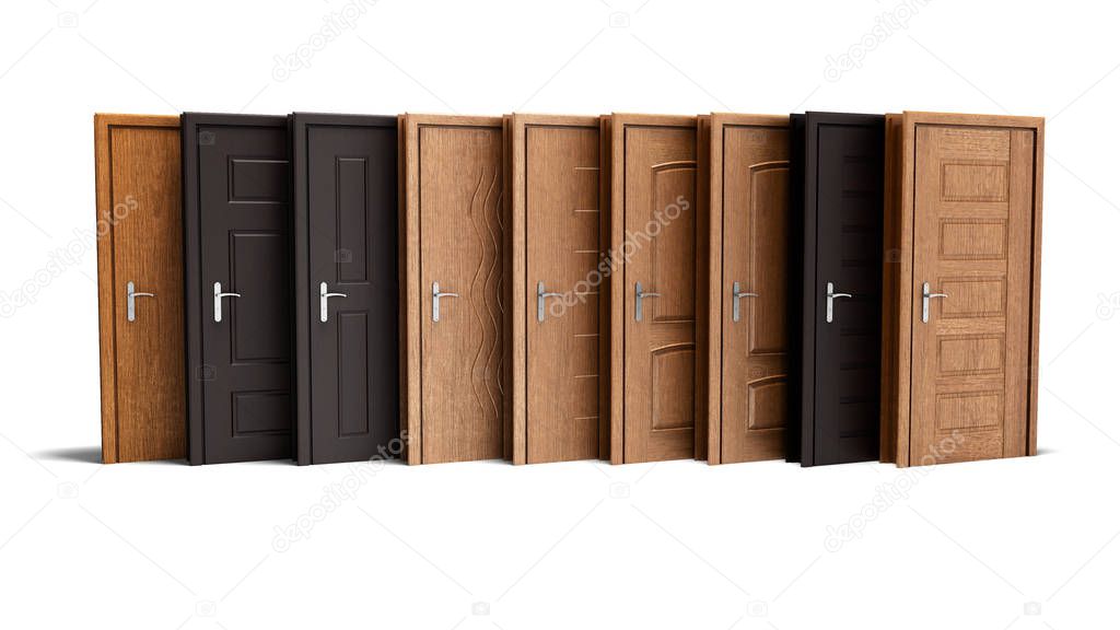 Concept wooden exterior entrance door 3d rendering on white background with shadow