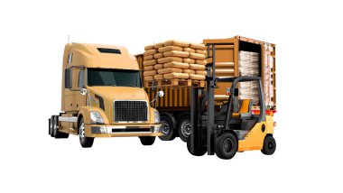 Modern portakal kamyondan römork ile yapı malzemeleri ile boşaltma kargo kavramı ve turuncu bir forklift palet ile 3d render beyaz arka plan üzerinde hiçbir gölge izole