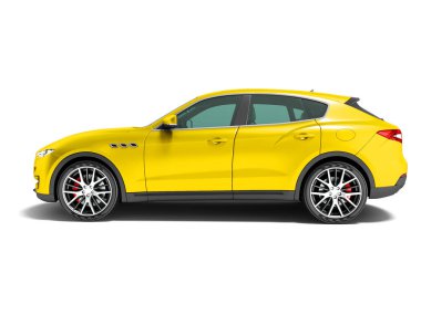 Modern sarı araba crossover için iş gezileri yan görünümü 3d render gölge beyaz zemin üzerine