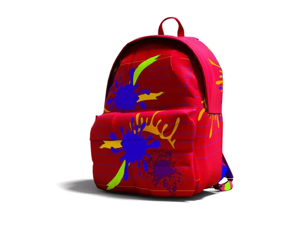 红色学校袋子背包与斑点右视图3D 渲染白色背景与阴影 — 图库照片
