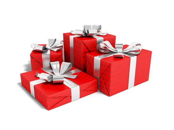 Rote Vier Geschenk Gebunden Mit Silbernem Band Render Auf Weißem — Stockfoto