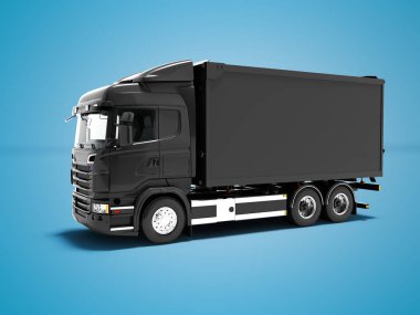 Şehir 3d render gölge ile mavi arka plan üzerinde etrafında malların taşınması için modern siyah kamyon