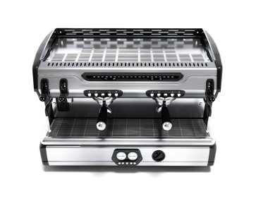 Dört bardak önden görünüm 3d render gölge beyaz zemin üzerine için modern metal Profesyonel kahve makinesi