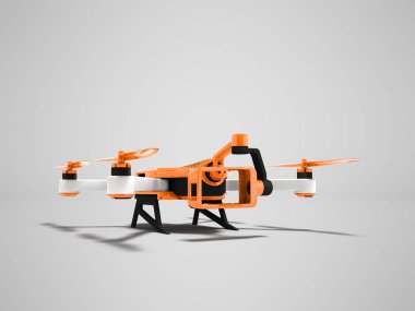 Modern turuncu quadrocopter dron görünümü perspektif 3d render gölge ile gri arka plan üzerinde