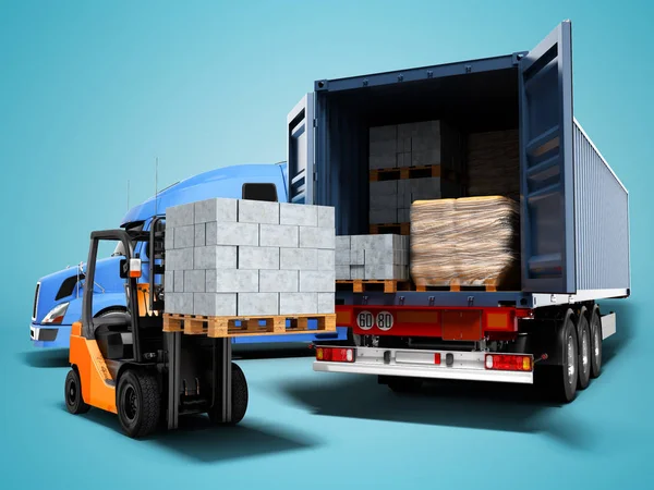 Modern concept of loading and unloading cargo from blue tractor with truck with building materials and forklift with pallet, isolated 3d render on blue background with shadow