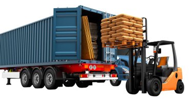 İzole ve kargo kamyon römork ile yapı malzemeleri ve palet ile turuncu bir forklift ile maviden gelen bindirme, Modern kavramı beyaz arka plan üzerinde 3d render gölge yok