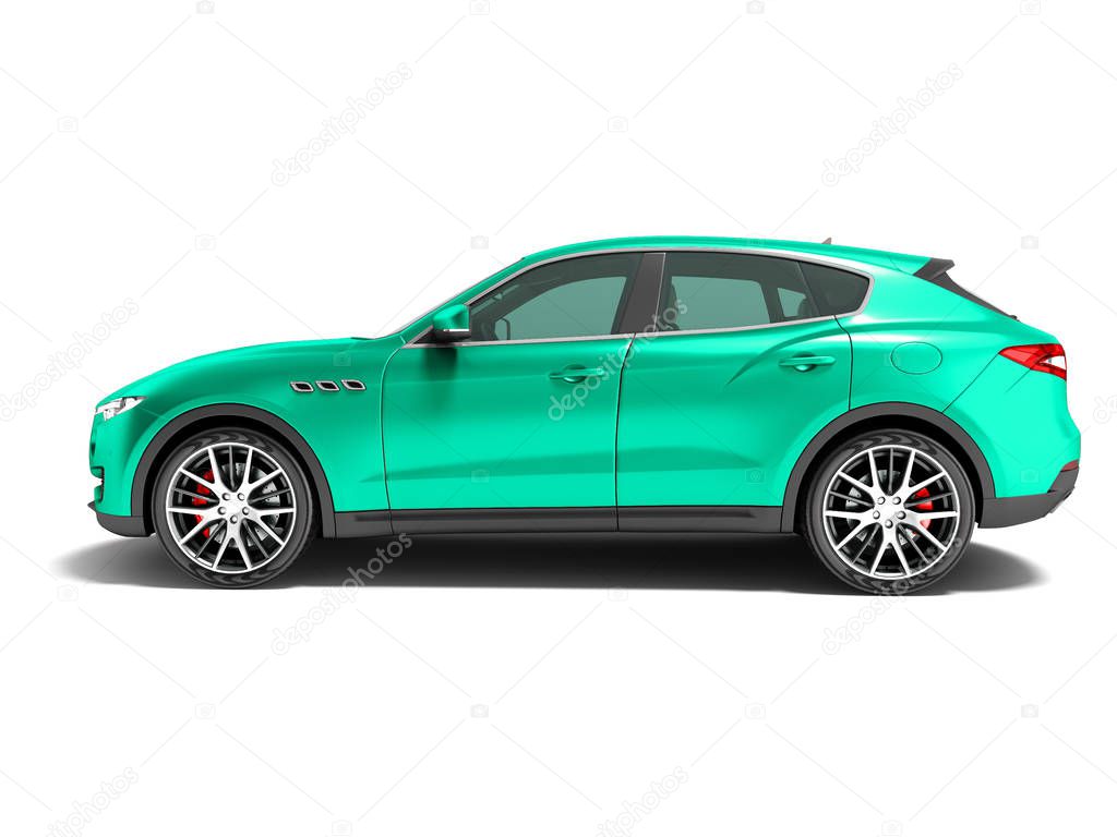 Modern turquoise car crossover for business trips side view 3D render on white background with shadow