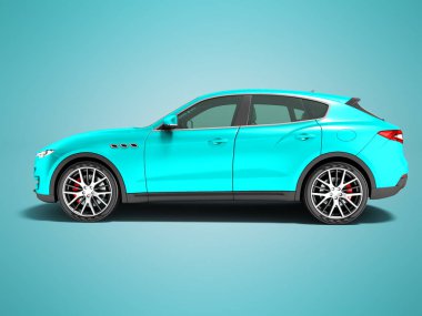 Modern mavi araba crossover için iş gezileri yan görünümü 3d render gölge ile mavi arka plan üzerinde