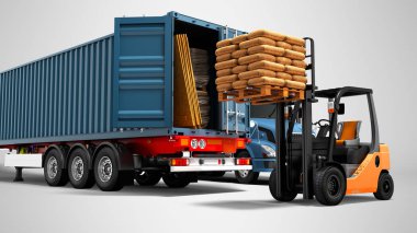 Modern kavram ve kargo kamyon römork ile yapı malzemeleri ve palet ile turuncu bir forklift ile maviden gelen bindirme 3d render gölge ile gri arka plan üzerinde izole