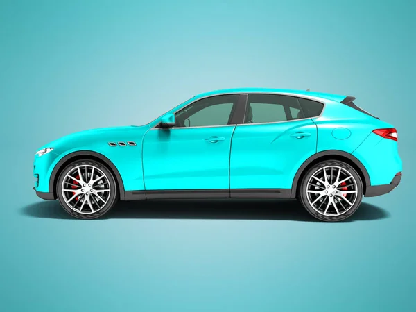 现代蓝色汽车交叉商务旅行侧面视图3D 渲染蓝色背景与阴影 — 图库照片