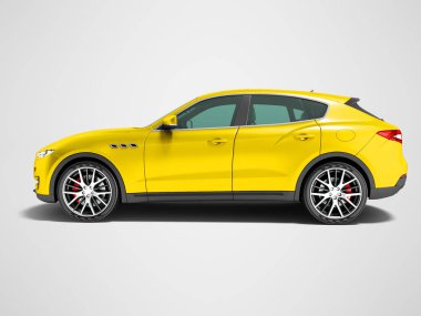 Modern sarı araba crossover için iş gezileri yan görünümü 3d render gölge ile gri arka plan üzerinde
