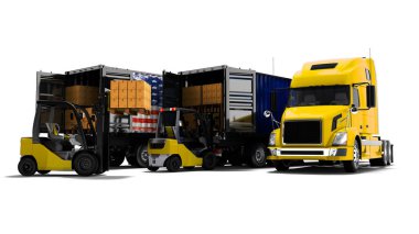 Modern kavram ve kargo kamyon kağıt kutuları ve palet ile sarı forklift, 3d render gölge beyaz zemin üzerine bindirme