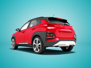 Modern kırmızı araba crossover için şehir turları 3d render gölge ile mavi arka plan üzerinde