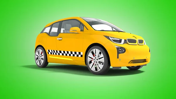 Żółte Taksówki Samochód Elektryczny Białym Tle Render Zielonym Tle Cieniem — Zdjęcie stockowe