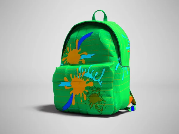 绿色书包背包与蓝色斑点在左视图3D 渲染灰色背景与阴影 — 图库照片