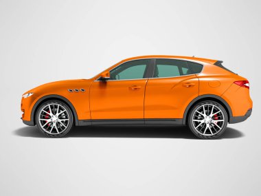 Modern turuncu araba crossover iş gezileri yan görünümü 3d render gölge ile gri arka plan üzerinde