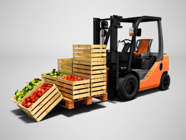 Yükleme ve boşaltma olgun elma portakal forklift gölgeli gri arka plan üzerinde 3d render ile ahşap kutuları