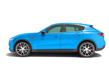 Modern koyu mavi crossover araba için iş gezileri yan görünümü 3d render gölge beyaz zemin üzerine