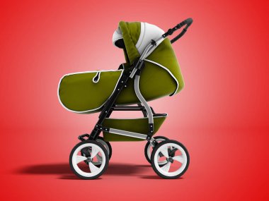Modern yeşil bebek arabası trafo mevsim 3d render gölge kırmızı zemin üzerine