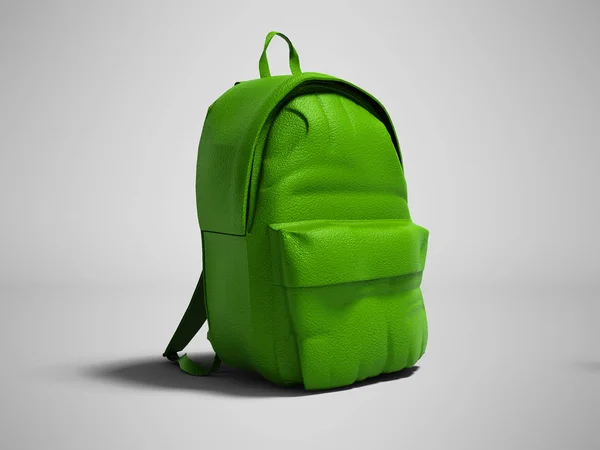 Modern green leather backpack in school for children and teens left view 3D rendering on gray background with shadow