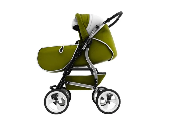 Moderna Gröna Baby Barnvagn Transformator All Kryddar Render Vit Bakgrund — Stockfoto