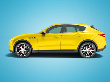 Modern sarı araba crossover için iş gezileri yan görünümü 3d render gölge ile mavi arka plan üzerinde