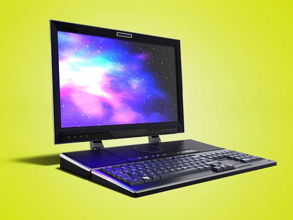 Nowoczesny Multimedialny Laptop Dla Pracy Renderowania Żółtym Tle Cieniem — Zdjęcie stockowe