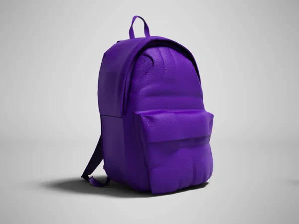 Modern purple leather backpack in school for children and teens left view 3D rendering on gray background with shadow