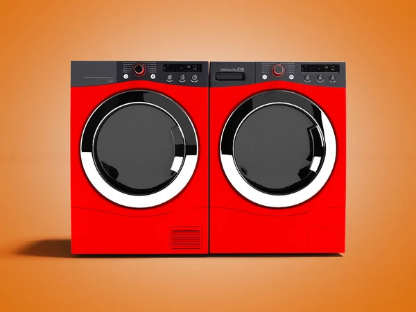 Red washing machine and drying laundry for home use 3d render on orange background with shadow