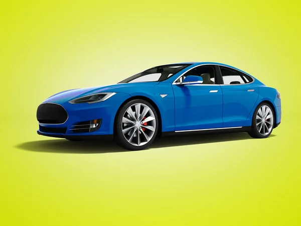Moderne Blauwe Elektrische Auto Voor Render Reizen Geïsoleerd Gele Achtergrond — Stockfoto