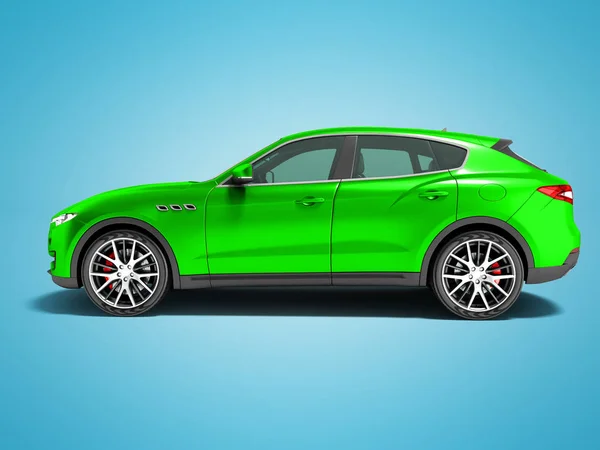 现代绿色汽车交叉商务旅行侧面视图3D 渲染蓝色背景与阴影 — 图库照片