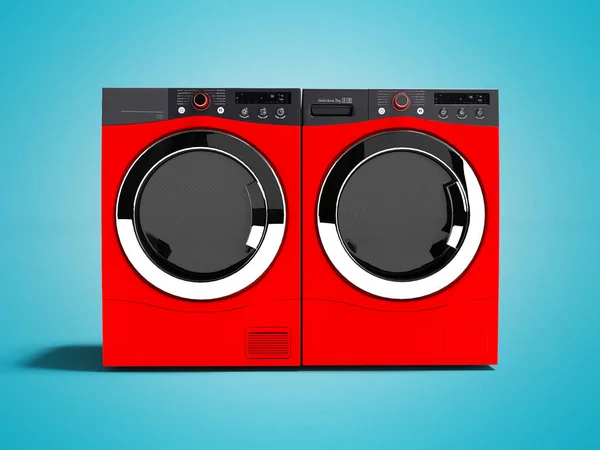 Red washing machine and drying laundry for home use 3d render on blue background with shadow
