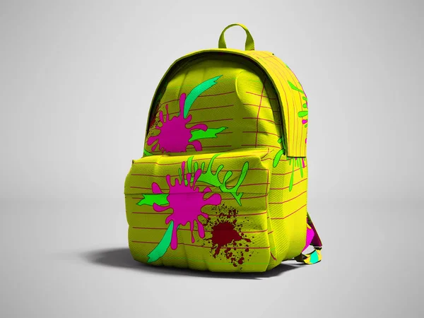 黄色书包背包与斑点右视图3D 渲染在灰色背景与阴影 — 图库照片