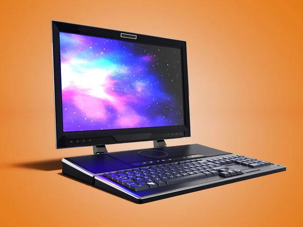 Nowoczesny Multimedialny Laptop Dla Pracy Renderowania Pomarańczowym Tle Cieniem — Zdjęcie stockowe