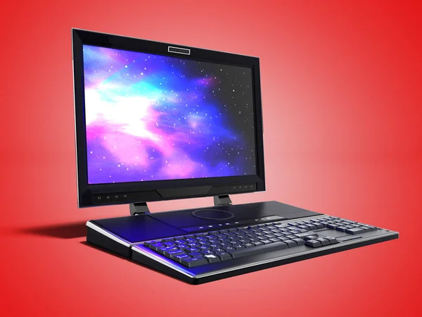 Laptop Multimídia Moderna Para Trabalho Renderização Fundo Vermelho Com Sombra — Fotografia de Stock