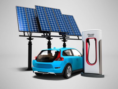 Konsept elektrikli otomobil arkadan görünüm 3d render gölge ile gri arka plan üzerinde güneş panelleri ile yakıt ikmali modern