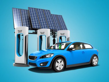 Kavramı mavi güneş panelleri ve mavi elektrikli araba elektrikli yakıt 3d render gölge ile mavi arka plan üzerinde