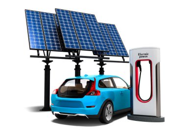 Konsept elektrikli otomobil arkadan görünüm 3d render gölge beyaz zemin üzerine güneş panelleri ile yakıt ikmali modern