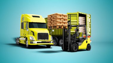 Modern yapı malzemeleri ile römork kamyon sarıdan boşaltma kargo kavramı ve turuncu bir forklift palet ile 3d render gölge ile mavi arka plan üzerinde izole
