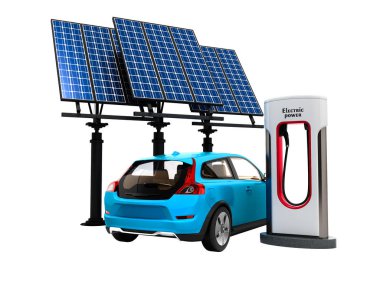Arka plan hiçbir gölge kavramı modern elektrikli arabalar arkadan görünüm 3d render beyaz için güneş panelleri ile yakıt ikmali