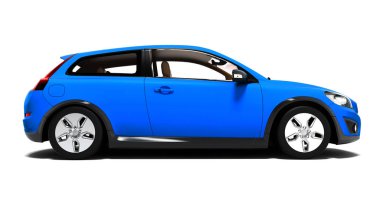 Modern aile mavi elektro araba sola görüntülemek 3d render gölge beyaz zemin üzerine